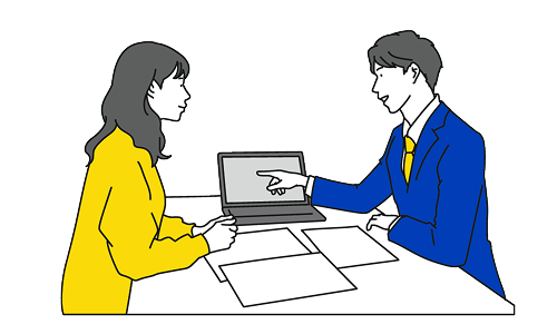 PCを見ながら相談し合う男女のイラスト