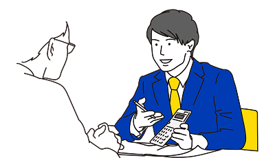 電卓を手に説明をする男性のイラスト